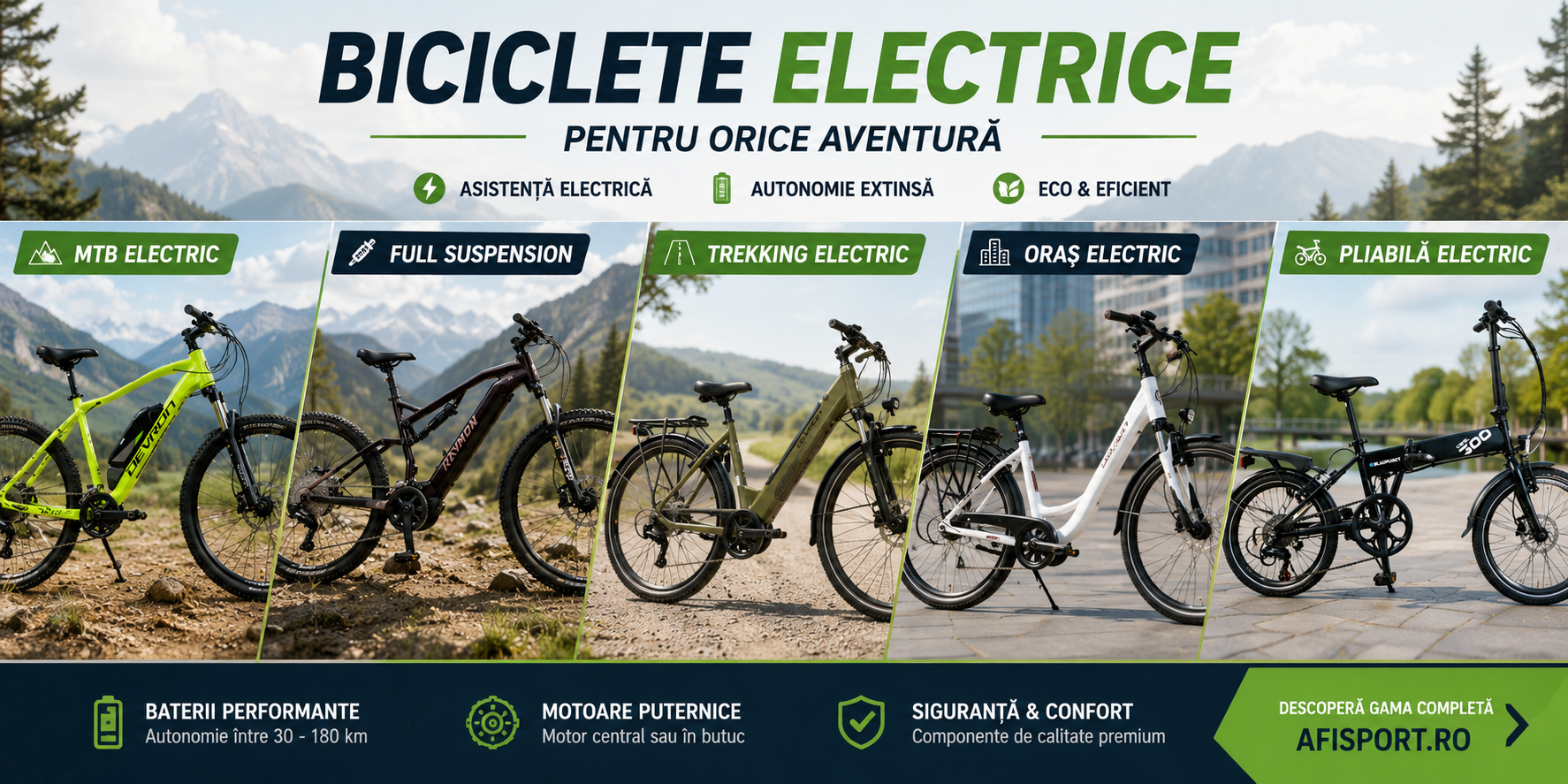Tipuri de biciclete electrice MTB, trekking, city și pliabile