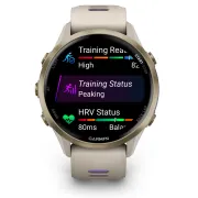 Garmin Forerunner 970 - ceas multisport cu GPS si AMOLED - crem Soft Gold Titanium with French Gray Case and French Gray | Translucent Indigo Band