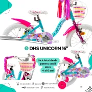 Bicicleta Copii DHS Unicorn - 16 Inch, Albastru Reambalat