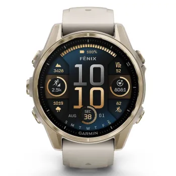 Garmin - fenix 8s AMOLED Sapphire 43mm - smartwatch premium AMOLED - ramă aurie din titanium si curea din silicon gri