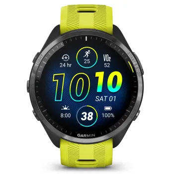 Garmin - Forerunner 965 ceas multisport cu GPS AMOLED - Ramă din titan DLC gri carbon cu carcasă neagră şi curea din silicon Amp Yellow/neagră