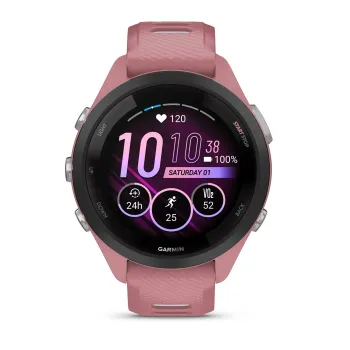 Garmin - Forerunner 265s ceas multisport cu GPS AMOLED - Ramă neagră cu carcasă roz deschis şi curea din silicon roz deschis/gri pudră