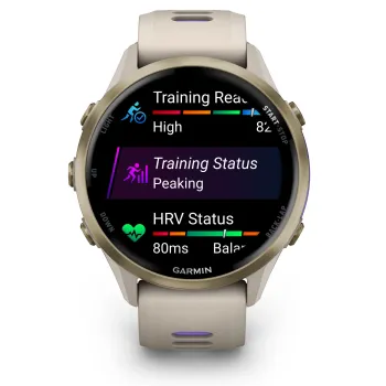 Garmin Forerunner 970 - ceas multisport cu GPS si AMOLED - crem Soft Gold Titanium with French Gray Case and French Gray | Translucent Indigo Band