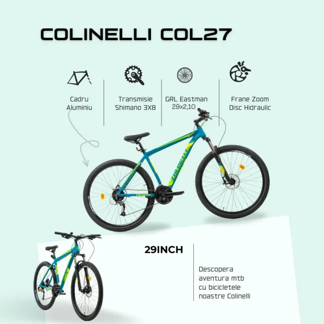 Bicicleta MTB Colinelli COL27, Marimea L, 29 inch, Verde, Schimbator Shimano Altus, 24 Viteze, Cadru Aluminiu, Frane pe Disc