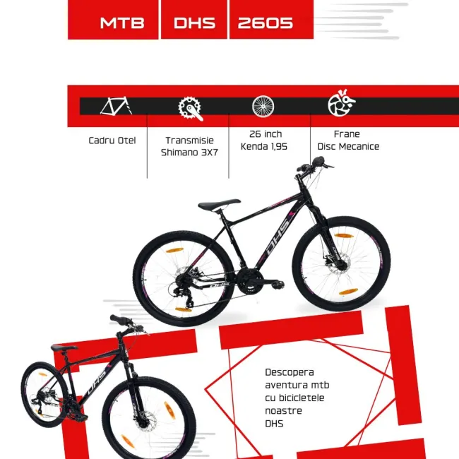 Bicicleta Mtb Dhs 2605 - 26 inch, M, Negru/Violet