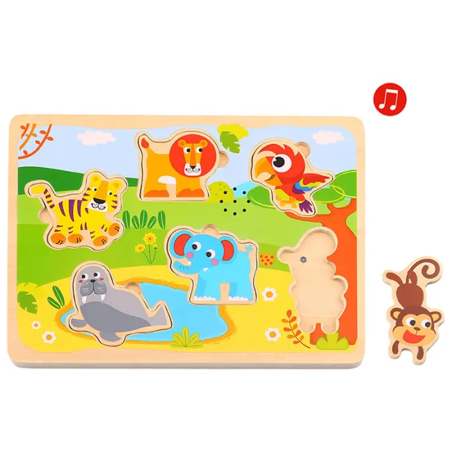 Puzzle muzical din lemn - animale, 7 piese, Tooky Toy