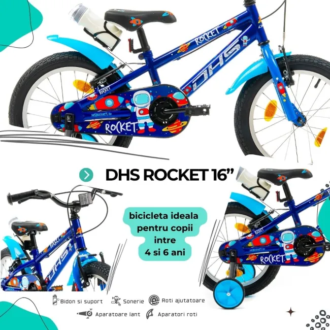 Bicicleta Copii DHS Rocket - 16 Inch, Albastru