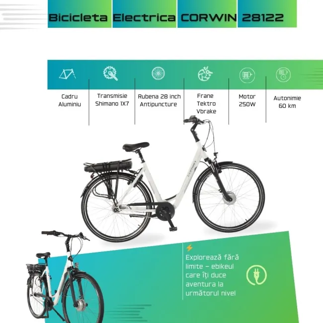 Bicicleta Electrica Corwin 28122 - 28 Inch, 490mm, Alb