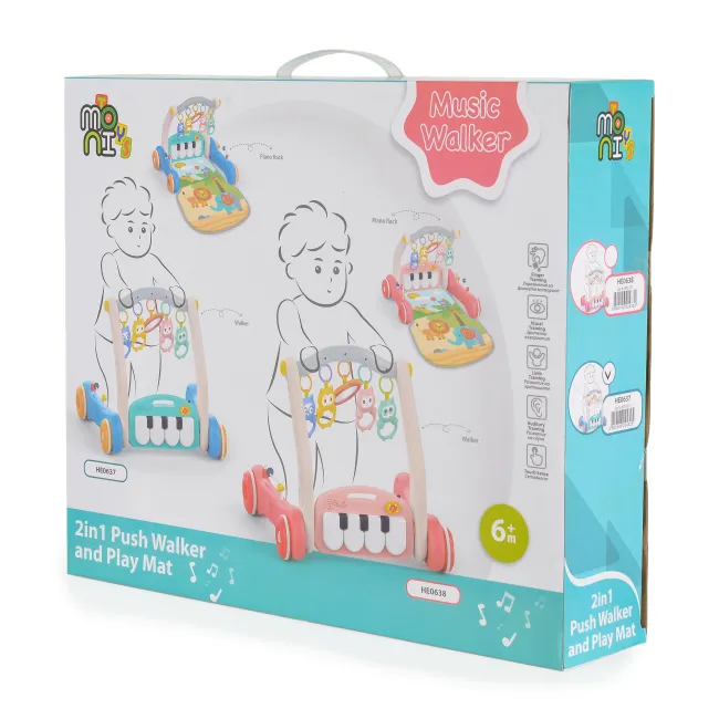 Jucarie multifunctionala 2 in 1 - premergator si centru de joaca cu pian, Moni, Roz