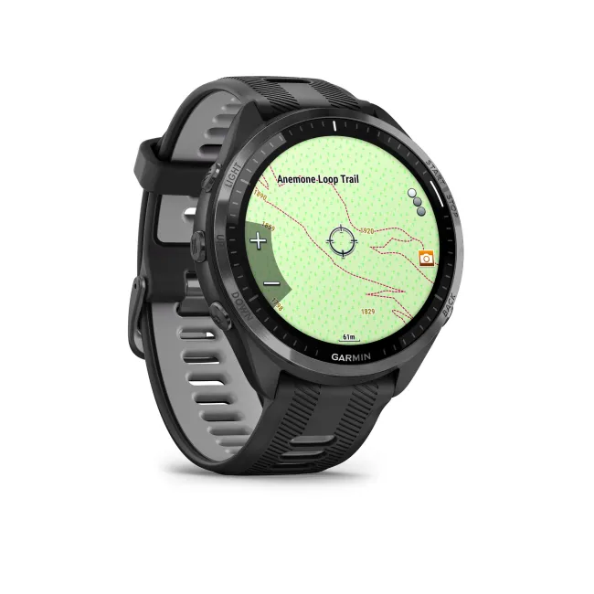 Garmin - Forerunner 965 ceas multisport cu GPS AMOLED - Ramă din titan DLC gri carbon cu carcasă neagră şi curea din silicon neagră/gri pudră