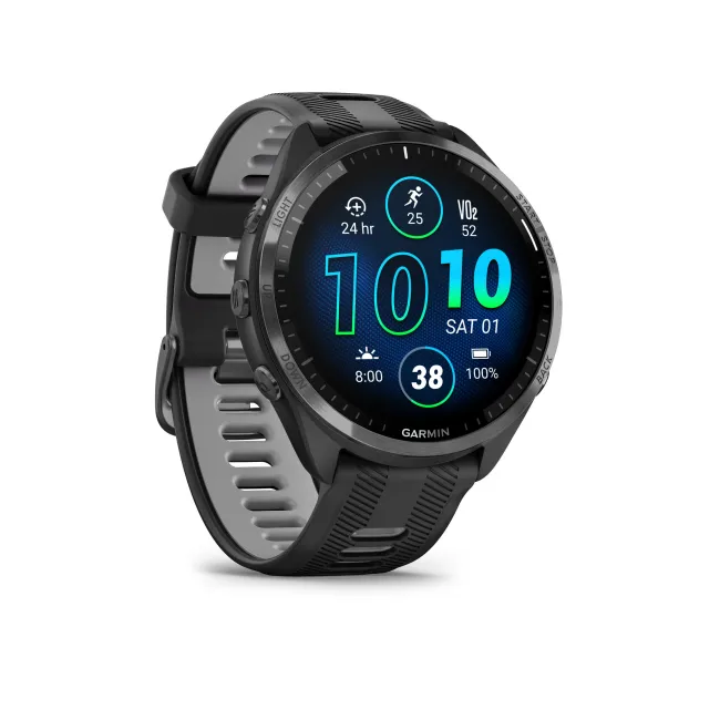 Garmin - Forerunner 965 ceas multisport cu GPS AMOLED - Ramă din titan DLC gri carbon cu carcasă neagră şi curea din silicon neagră/gri pudră