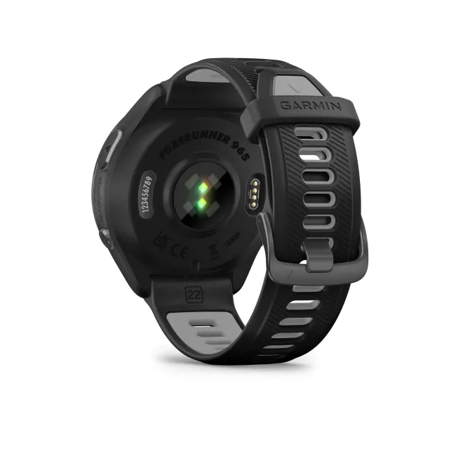 Garmin - Forerunner 965 ceas multisport cu GPS AMOLED - Ramă din titan DLC gri carbon cu carcasă neagră şi curea din silicon neagră/gri pudră