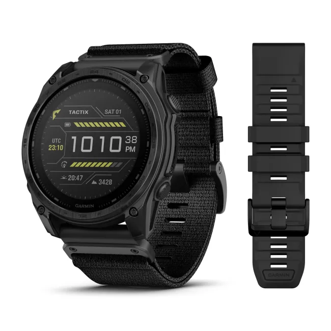Garmin - Tactix 8 Solar Elite 51 mm Sapphire ceas multisport cu GPS - ramă neagră Titanium DLC și curea din silicon neagră + nailon