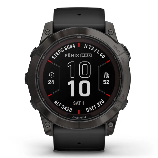 Garmin - fenix 7x Pro Sapphire Solar smartwatch premium cu incarcare solara 51mm - ramă Titan DLC Carbon Grey si curea din silicon neagră