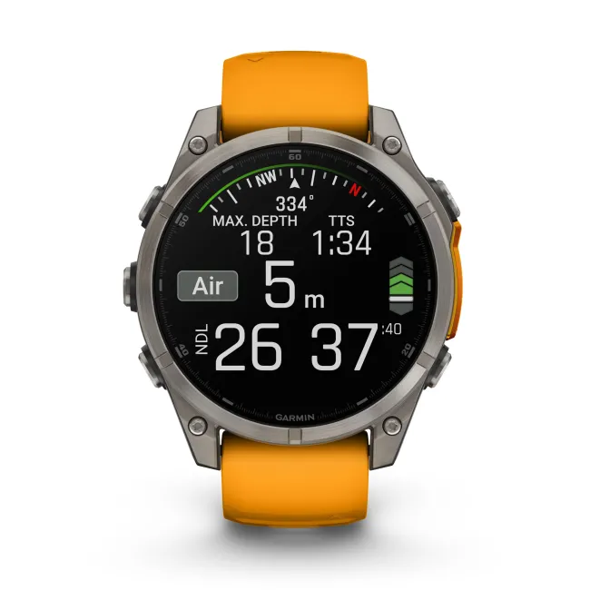 Garmin - fenix 8 AMOLED Sapphire 47mm - smartwatch premium AMOLED - ramă argintie din titanium si curea din silicon portocalie