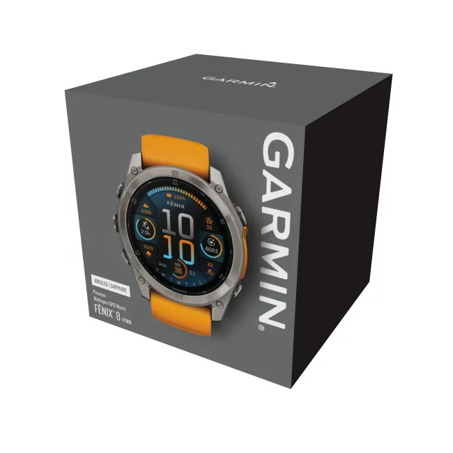 Garmin - fenix 8 AMOLED Sapphire 47mm - smartwatch premium AMOLED - ramă argintie din titanium si curea din silicon portocalie