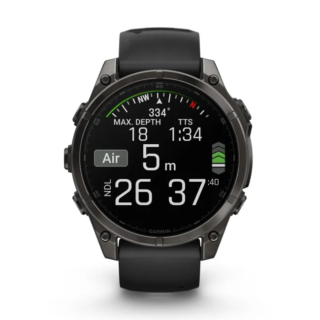Garmin - fenix 8 AMOLED Sapphire 47mm - smartwatch premium AMOLED - ramă gri din titanium DLC si curea din silicon neagră-gri