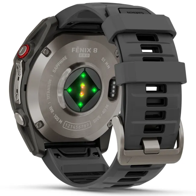 Garmin - fenix 8 Pro 51mm - smartwatch premium AMOLED Sapphire - ramă argintie din titanium si curea din silicon neagră-gri