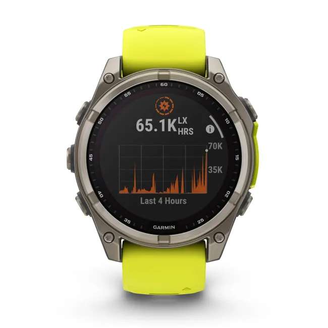 Garmin - fenix 8 Solar Sapphire 47mm - smartwatch premium - ramă argintie din titanium si curea din silicon galben fluo