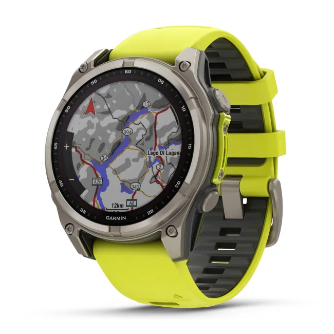 Garmin - fenix 8 Solar Sapphire 47mm - smartwatch premium - ramă argintie din titanium si curea din silicon galben fluo