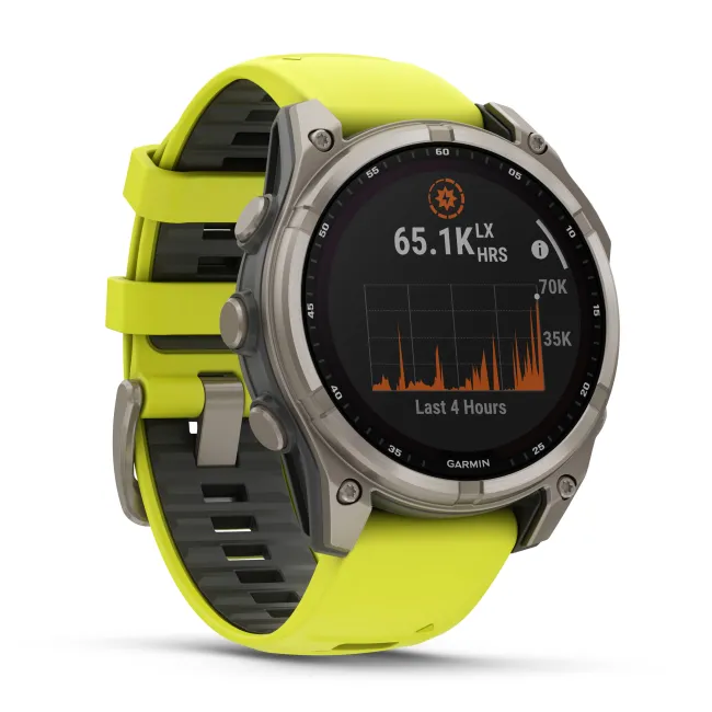 Garmin - fenix 8 Solar Sapphire 47mm - smartwatch premium - ramă argintie din titanium si curea din silicon galben fluo