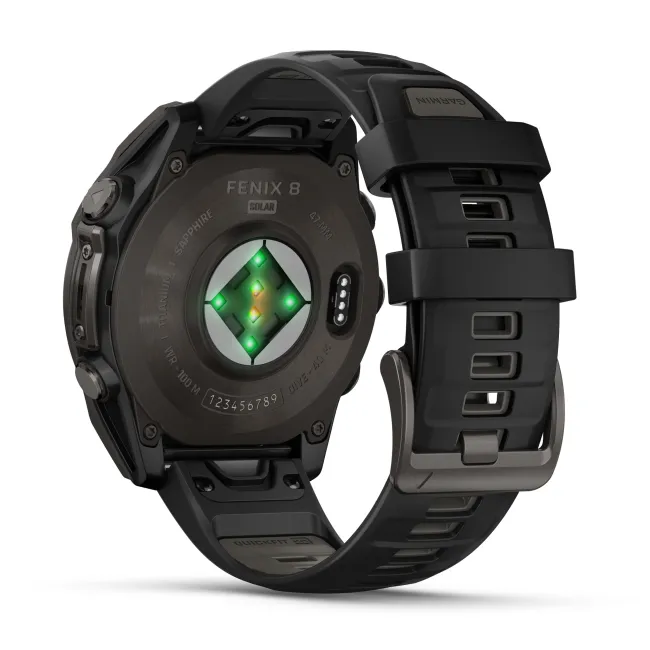 Garmin - fenix 8 Solar Sapphire 47mm - smartwatch premium - ramă gri din titanium DLC si curea din silicon neagră-gri