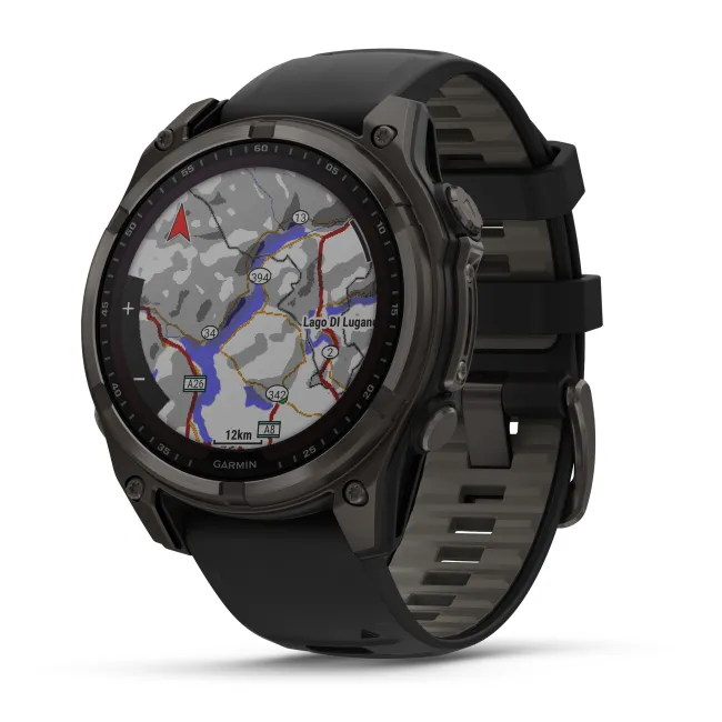 Garmin - fenix 8 Solar Sapphire 47mm - smartwatch premium - ramă gri din titanium DLC si curea din silicon neagră-gri