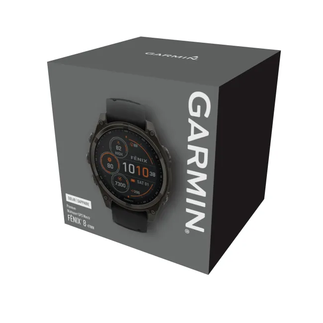 Garmin - fenix 8 Solar Sapphire 47mm - smartwatch premium - ramă gri din titanium DLC si curea din silicon neagră-gri