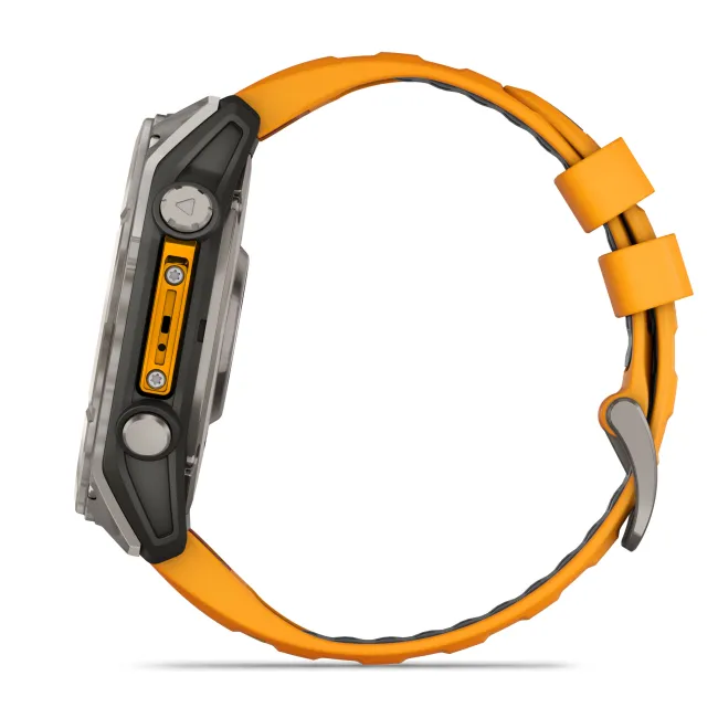 Garmin - fenix 8x AMOLED Sapphire 51mm - smartwatch premium AMOLED - ramă argintie din titanium si curea din silicon portocalie