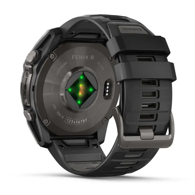Garmin - fenix 8x AMOLED Sapphire 51mm - smartwatch premium AMOLED - ramă gri din titanium DLC si curea din silicon neagră-gri