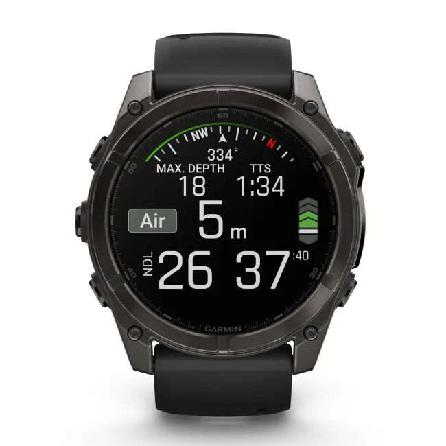 Garmin - fenix 8x AMOLED Sapphire 51mm - smartwatch premium AMOLED - ramă gri din titanium DLC si curea din silicon neagră-gri