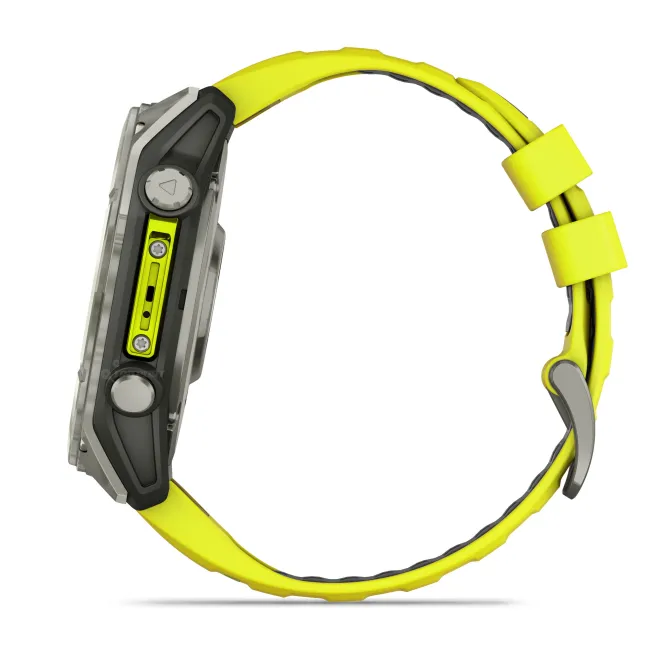 Garmin - fenix 8x Solar Sapphire 51mm - smartwatch premium - ramă argintie din titanium si curea din silicon galben fluo