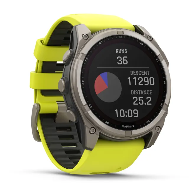 Garmin - fenix 8x Solar Sapphire 51mm - smartwatch premium - ramă argintie din titanium si curea din silicon galben fluo