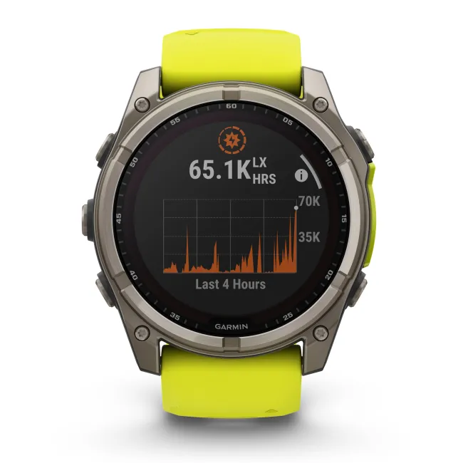 Garmin - fenix 8x Solar Sapphire 51mm - smartwatch premium - ramă argintie din titanium si curea din silicon galben fluo