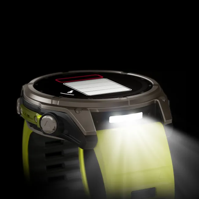 Garmin - fenix 8x Solar Sapphire 51mm - smartwatch premium - ramă argintie din titanium si curea din silicon galben fluo