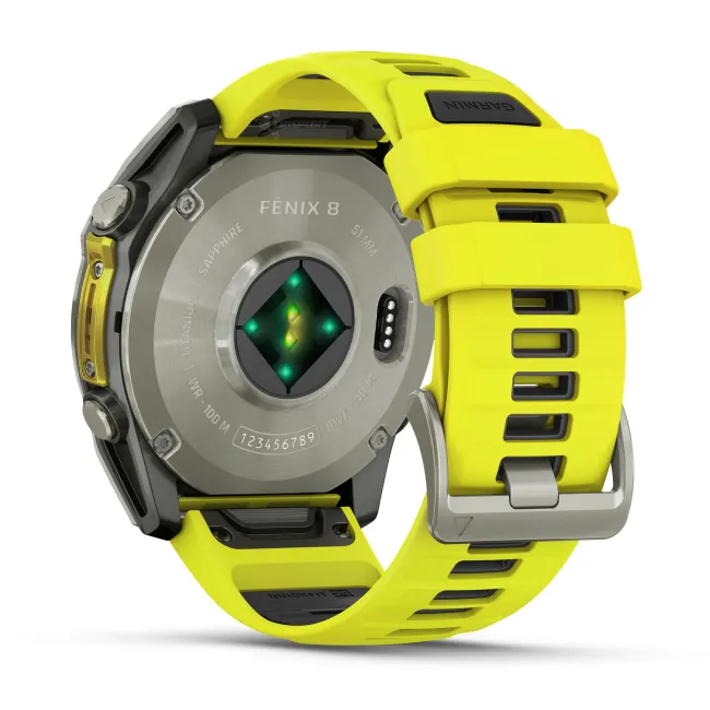 Garmin - fenix 8x Solar Sapphire 51mm - smartwatch premium - ramă argintie din titanium si curea din silicon galben fluo