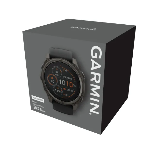 Garmin - fenix 8x Solar Sapphire 51mm - smartwatch premium - ramă gri din titanium DLC si curea din silicon neagră-gri
