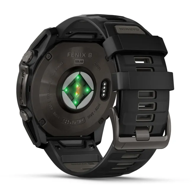 Garmin - fenix 8x Solar Sapphire 51mm - smartwatch premium - ramă gri din titanium DLC si curea din silicon neagră-gri