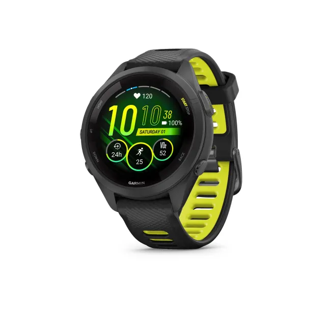 Garmin - Forerunner 265s ceas multisport cu GPS AMOLED - Ramă şi carcasă neagră cu curea din silicon neagră/Amp Yellow