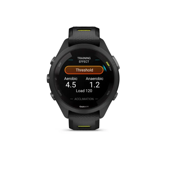 Garmin - Forerunner 265s ceas multisport cu GPS AMOLED - Ramă şi carcasă neagră cu curea din silicon neagră/Amp Yellow