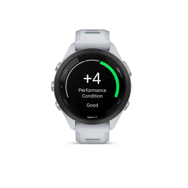 Garmin - Forerunner 265s ceas multisport cu GPS AMOLED - Ramă neagră cu carcasă Whitestone şi curea din silicon Whitestone/Neo Tropic