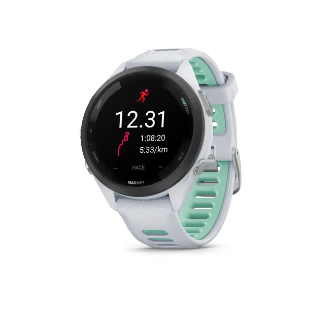 Garmin - Forerunner 265s ceas multisport cu GPS AMOLED - Ramă neagră cu carcasă Whitestone şi curea din silicon Whitestone/Neo Tropic