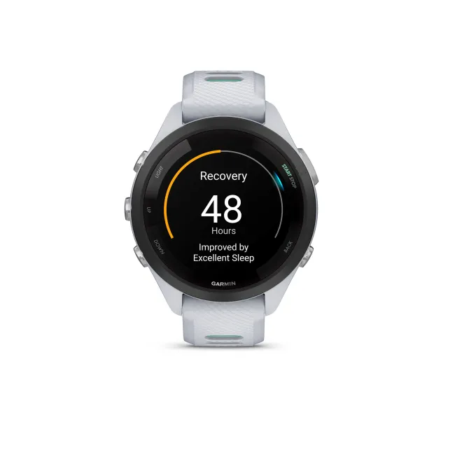 Garmin - Forerunner 265s ceas multisport cu GPS AMOLED - Ramă neagră cu carcasă Whitestone şi curea din silicon Whitestone/Neo Tropic