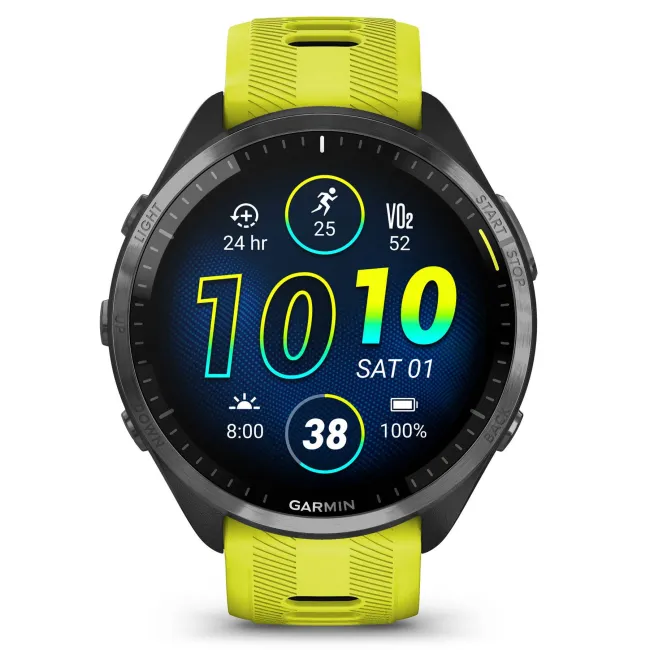 Garmin - Forerunner 965 ceas multisport cu GPS AMOLED - Ramă din titan DLC gri carbon cu carcasă neagră şi curea din silicon Amp Yellow/neagră