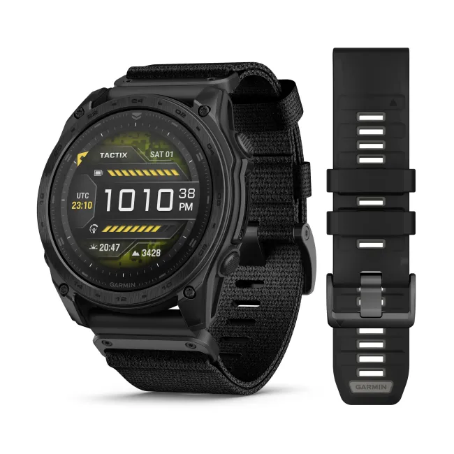 Garmin - Tactix 8 AMOLED 51 mm Sapphire ceas multisport cu GPS - ramă neagră Titanium DLC și curea din silicon neagră + nailon