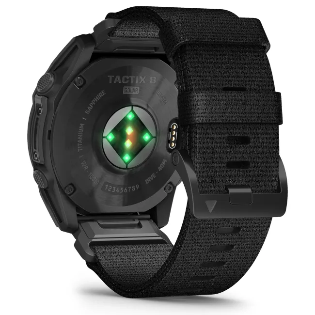 Garmin - Tactix 8 Solar 51 mm Sapphire ceas multisport cu GPS - ramă neagră Titanium DLC și curea din silicon neagră + nailon