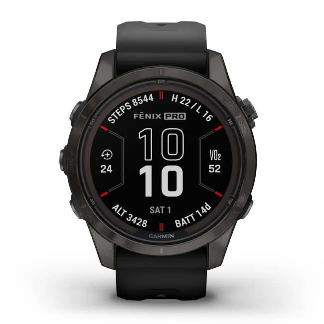 Garmin - fenix 7s Pro Sapphire Solar smartwatch premium cu incarcare solara 42mm - ramă gri din titanium DLC si curea din silicon neagră
