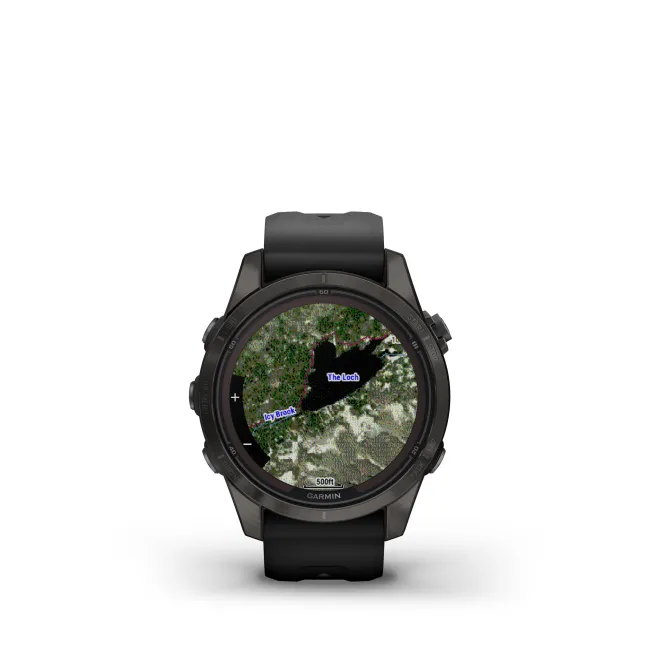 Garmin - fenix 7s Pro Sapphire Solar smartwatch premium cu incarcare solara 42mm - ramă gri din titanium DLC si curea din silicon neagră