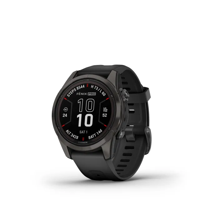 Garmin - fenix 7s Pro Sapphire Solar smartwatch premium cu incarcare solara 42mm - ramă gri din titanium DLC si curea din silicon neagră