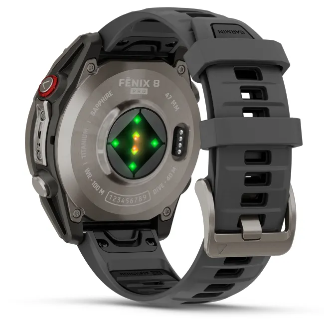 Garmin - fenix 8 Pro 47mm - smartwatch premium AMOLED Sapphire - ramă argintie din titanium si curea din silicon neagră-gri